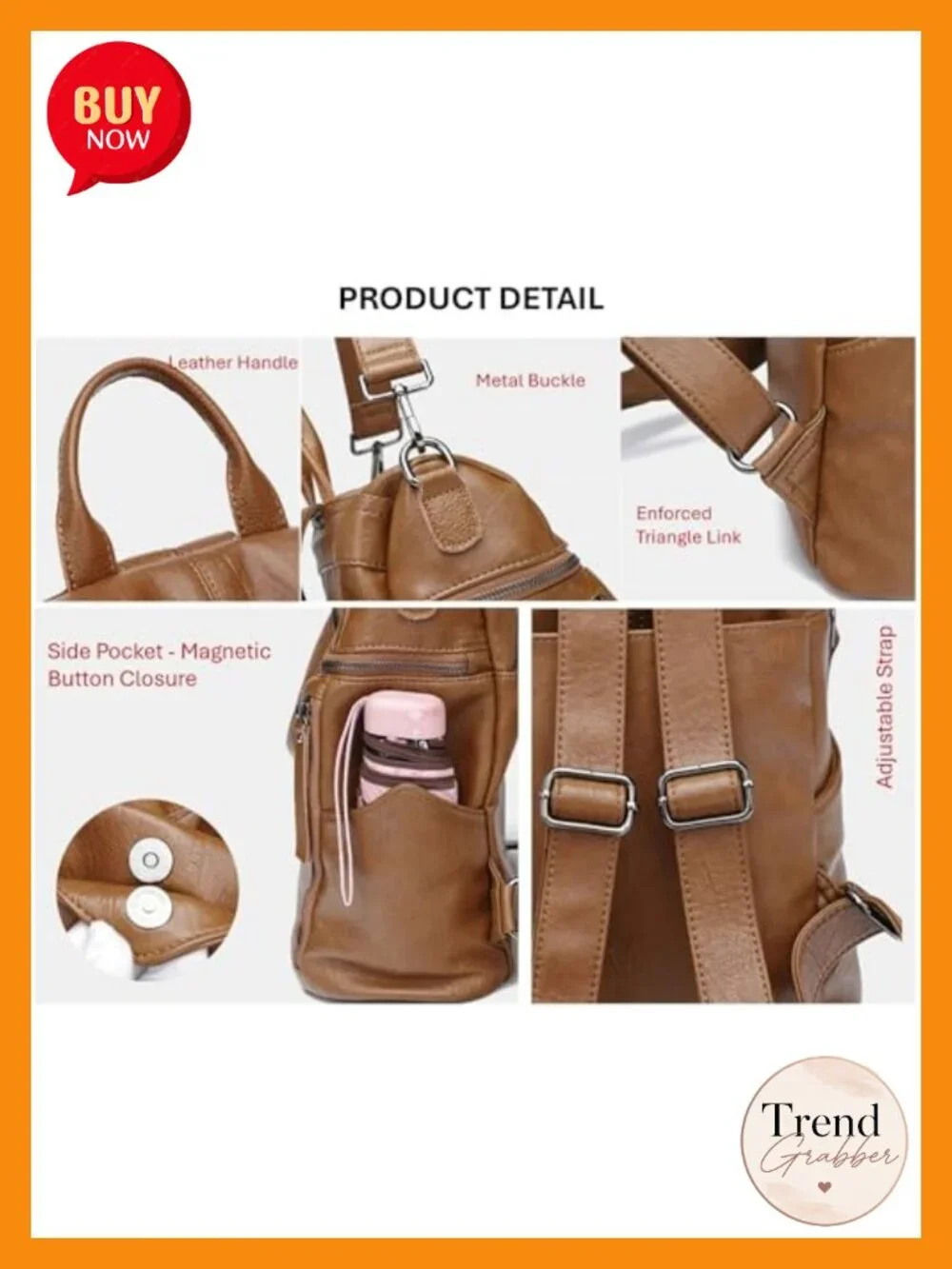 Genuine Cow Leather Convertible Backpack Shoulder Bag Purse with Detachable
